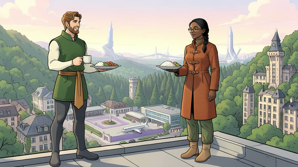AI-generated image: A rooftop partway up a forested mountain over a green city. A man stands at the edge holding a cup of tea in one hand and a dish of rice and vegetables in the other, gazing out with a contented smile; a woman stands beside him.