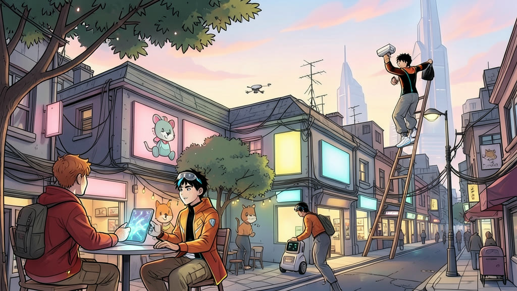 AI-generated image: An outdoor courtyard cafe with a few tables of teenagers and older couples. In the foreground, a boy sits at a table, gazing out through the courtyard entrance, while a boy taps the table and holds up a hand device whose screen shows soft abstract glowing patterns.