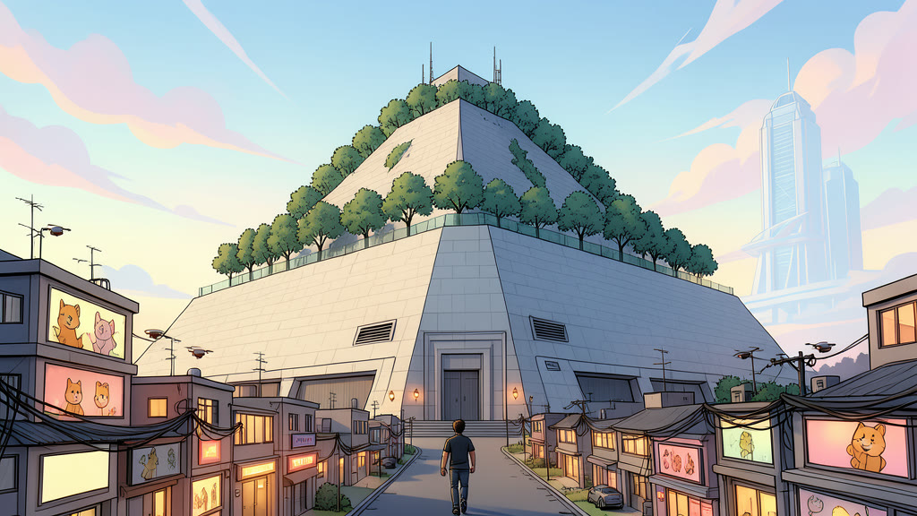 AI-generated image: A half-kilometer-tall pyramid rising at the edge of a low-rise city: a refurbished mountain clad in smooth stone with a square base, like the monument of an ancient civilization. Two rows of trees line a straight path running up its face to the halfway point, and another row of trees circles the pyramid horizontally at exactly half its height.