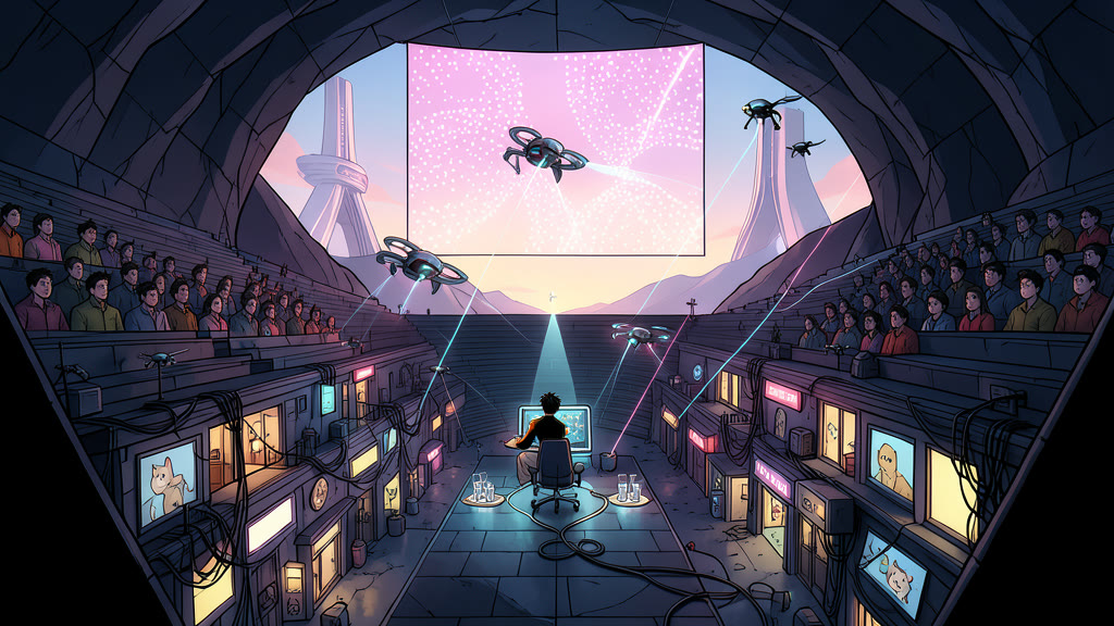 AI-generated image: A vast, dark underground hall with over a thousand spectators in tiered seats, faces lit faintly by a giant glowing display of abstract dotted patterns. A lit path on the floor leads to a large game console with a single chair.