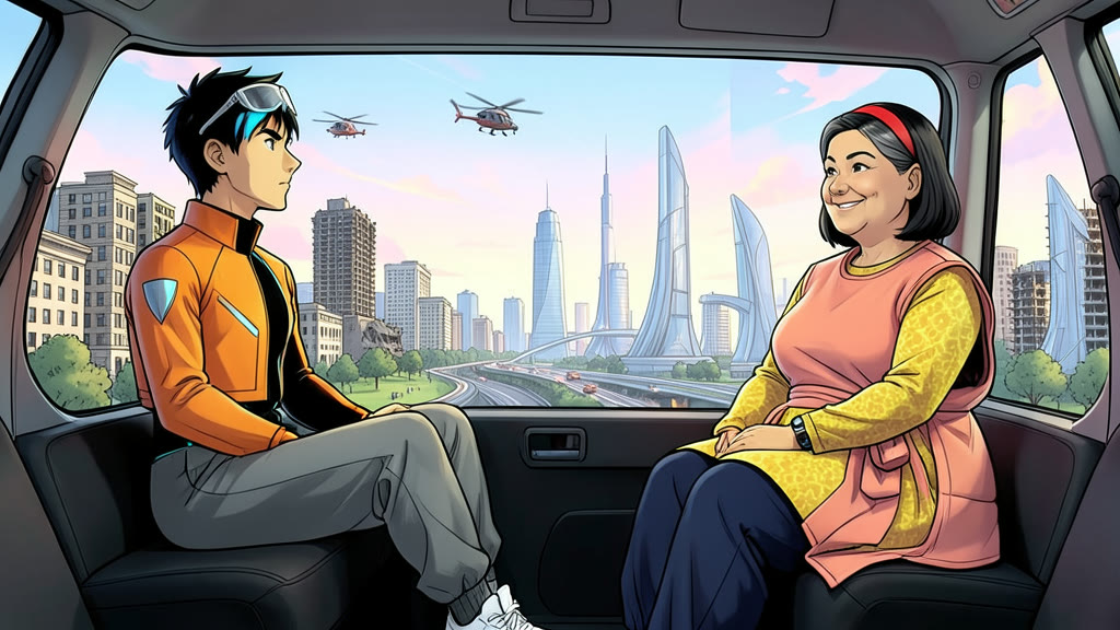 AI-generated image: Inside a taxi driving along a highway into a sprawling city. A young man and the middle-aged a woman sit by the window, gazing out with curiosity.