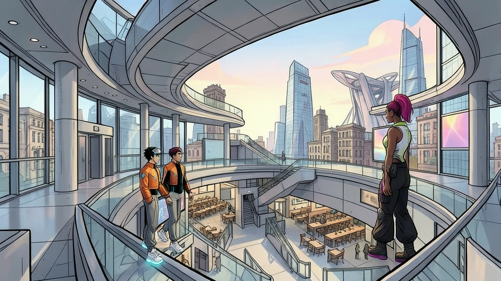 AI-generated image: Wide interior view of a large institute building whose floor is a single gently sloping spiral ramp, looping around several times beneath a high ceiling, with elevators and staircases in the open center. A young man and a young woman stroll leisurely along the outer wall, looking around with interest.