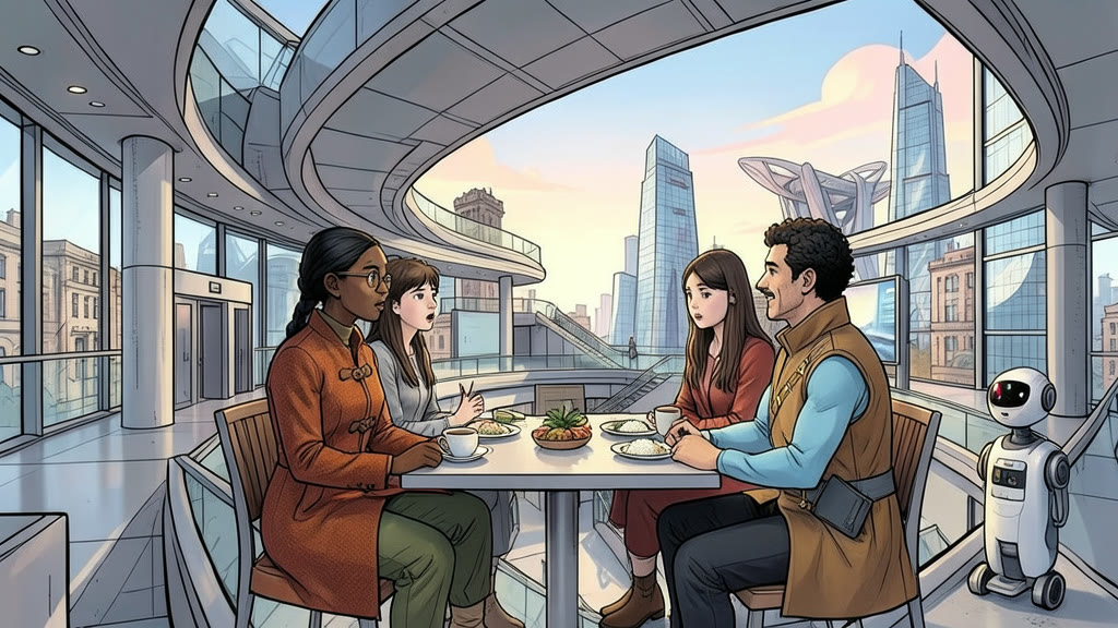 AI-generated image: A restaurant table on the spiral ramp of a modern institute building. A woman and a man sit with cups of tea and plates of rice and vegetables, both frozen in surprise, staring across the table.