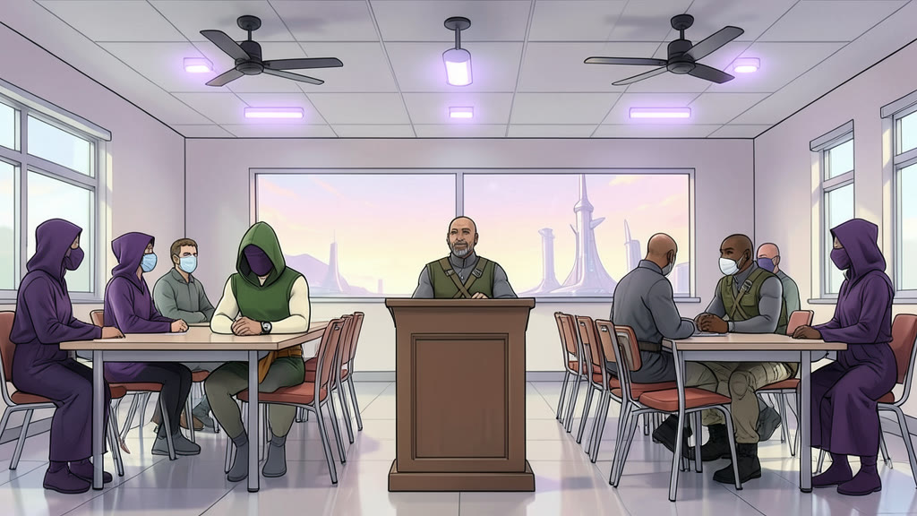 AI-generated image: A community center meeting room with five tables of ten chairs and a podium at the front. Ceiling fans spin faster and faint violet disinfection lights glow brighter overhead.