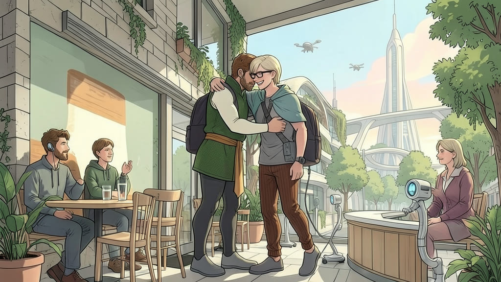 AI-generated image: A small, bright restaurant with large windows onto a green tree-lined street. A man, wearing a privacy robe with the hood and face cover lowered, has risen from his table to warmly hug a teenage boy, who carries a school backpack and is beaming.