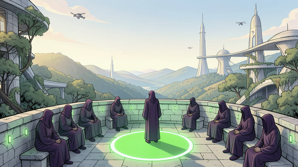 AI-generated image: The open top floor of a stone tower under a pale, cold sky. Ten figures in privacy robes sit on seats spaced around the circular edge, still and solemn, faces hidden.