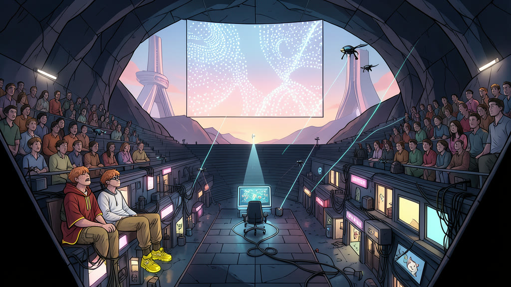 AI-generated image: A vast dark underground hall packed with spectators, all faces lit by an enormous glowing display of abstract dotted patterns, swirling shapes and colliding streams of light. In the plainer public seating at the side, a teenage boy sits on the edge of his seat, gripping the bench, gazing up at the display with fear.