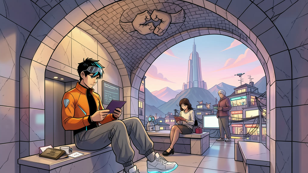 AI-generated image: Close-medium shot in a stone-walled waiting room. A young man sits with an open gift bag on his lap, a plaque, a cup and a small pen inside, a half-scratched card and his hand device beside him.