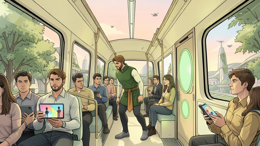 AI-generated image: A moving autonomous city bus. More passengers than usual are absorbed in their hand devices, watching intently.