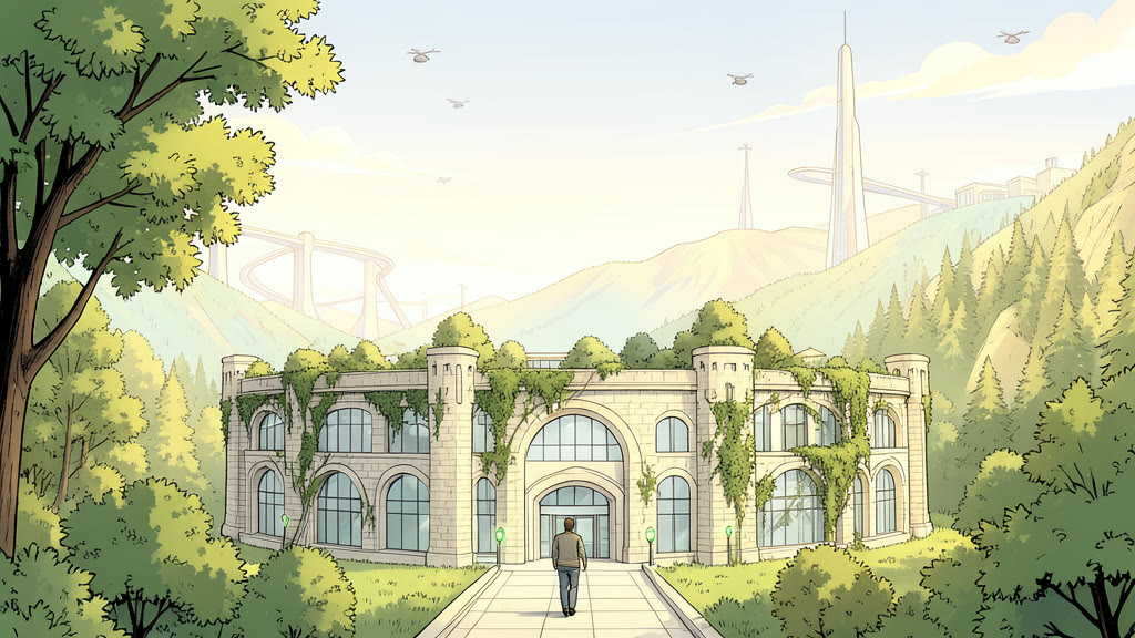 AI-generated image: A large circular parliament building standing at ground level, its architecture mixing medieval stone and modern glass, with multiple entrances on all sides. A straight path lined with trees on both sides leads toward it.