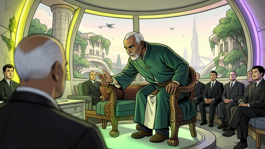 AI-generated image: A circular hearing chamber. A man leans forward in his large carved chair to ask a question, the edge of his seat glowing with soft green light, his expression attentive and kind.