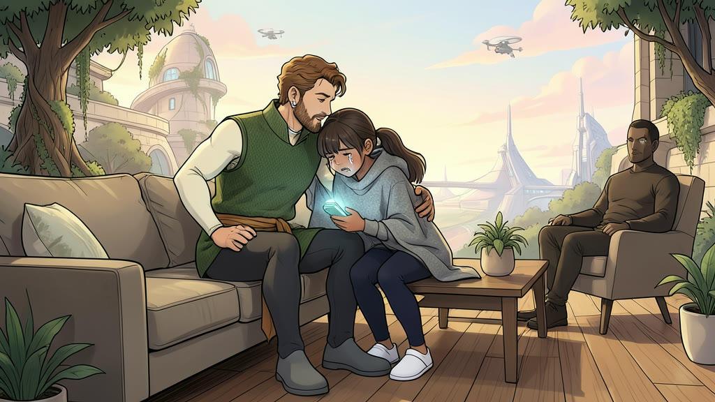 AI-generated image: A warm, lived-in living room in soft daylight. A man sits on a couch with his arm around a girl, who is crying and turning her face away, unhappy.