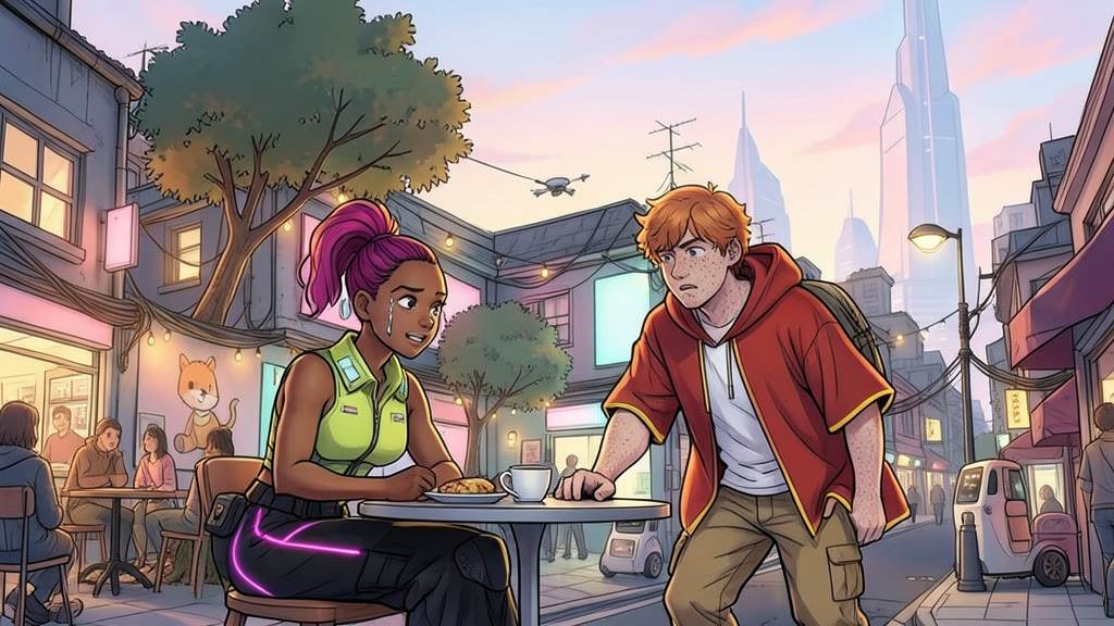 AI-generated image: A small open-air courtyard cafe between dense low-rise buildings in the late afternoon, shop lights already glowing and a cute cartoon animal mural on a wall behind. A girl sits at a small table with tears running down her cheeks, a cup of tea and a half-eaten meal in front of her.