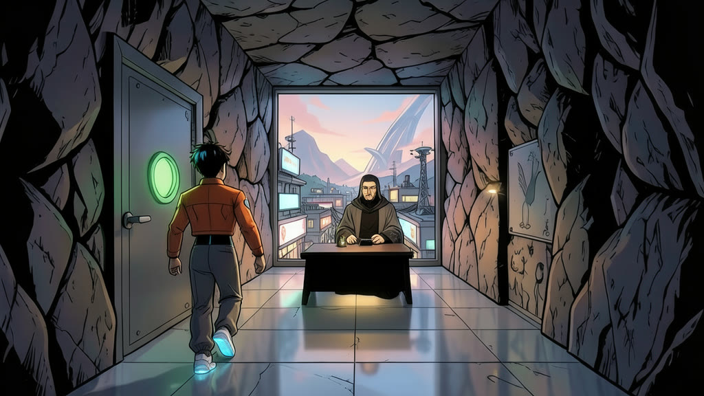 AI-generated image: Down a narrow, long stone room deep inside a mountain, lit by a few dim warm lamps. In the foreground, a boy has just stepped through a heavy sealed door, looking ahead with cautious curiosity.