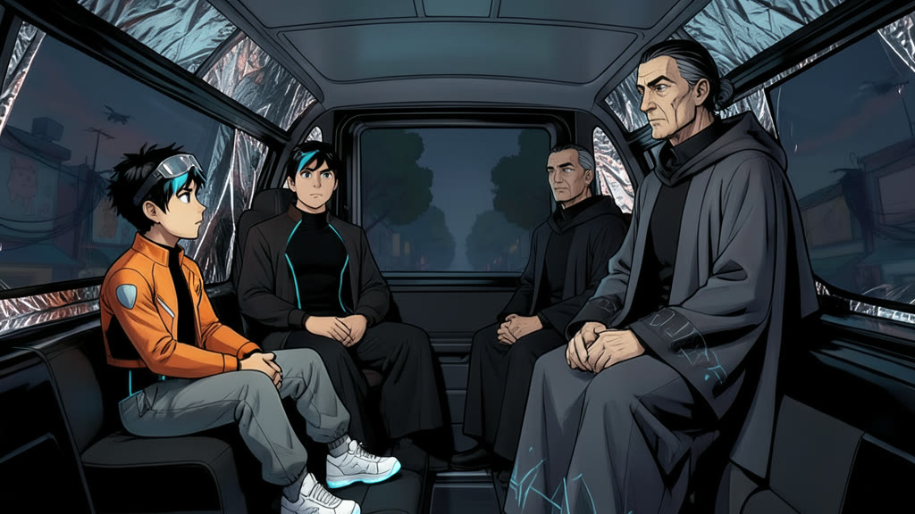 AI-generated image: Interior of a large rectangular black car, seen from the back seat. The inside walls are lined with crinkled silver anti-transmission foil.