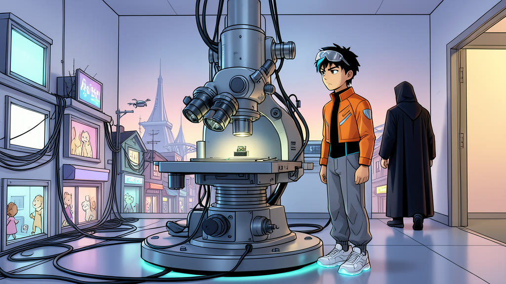AI-generated image: A quiet, spotless inspection room with pale walls. A large, complex scanning microscope dominates the center, with lenses, metal arms and cables, a tiny chip held on its stage under a soft glow.